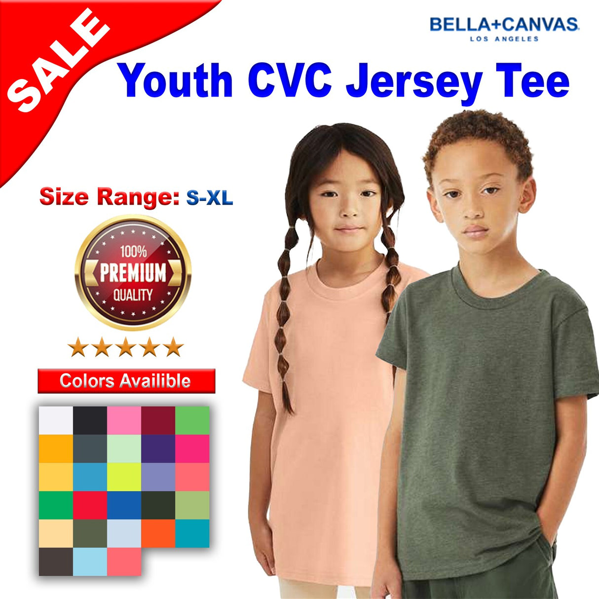 BELLA + CANVAS® Youth CVC Jersey Crew Neck Short sleeve Tee - 3001YCVC