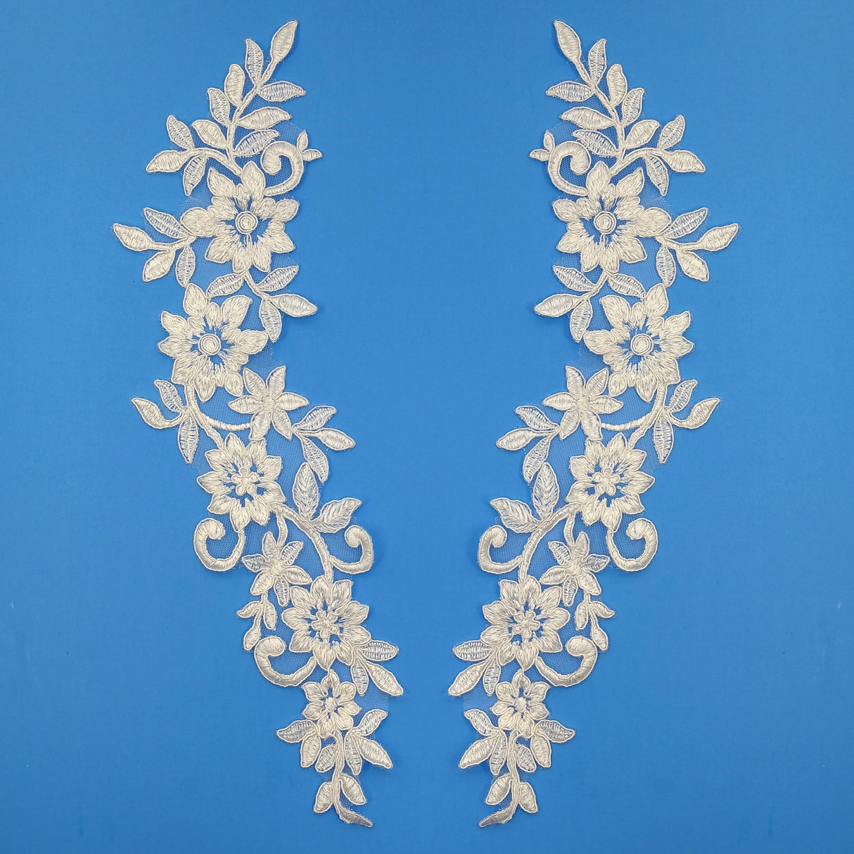 Corded Floral Applique Embroidered 100 Percent Polyester Net Mesh Fabric - Floral Leaf Design, 15" X 4", Off White, White, Off White/Silver Cording (1 Pair)