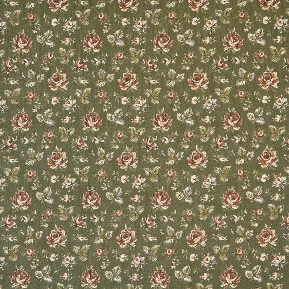 Gayle Moss Green Scattered Rose Tapestry Chenille Fabric - Moss Green, Scattered Rose, 6.5" Horizontal Repeat, 7.0" Vertical Repeat (1 Yard)