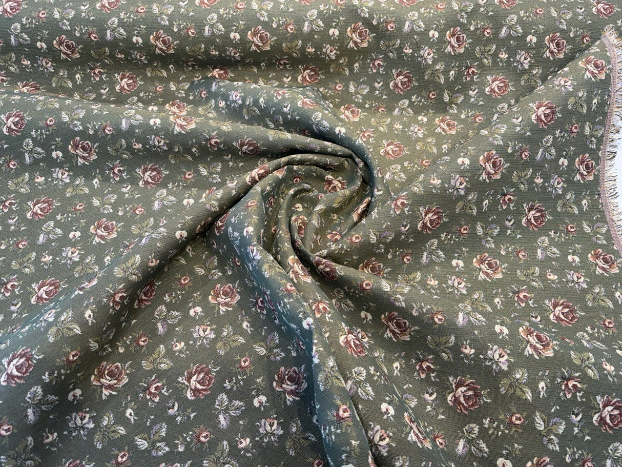 Gayle Moss Green Scattered Rose Tapestry Chenille Fabric - Moss Green, Scattered Rose, 6.5" Horizontal Repeat, 7.0" Vertical Repeat (1 Yard)