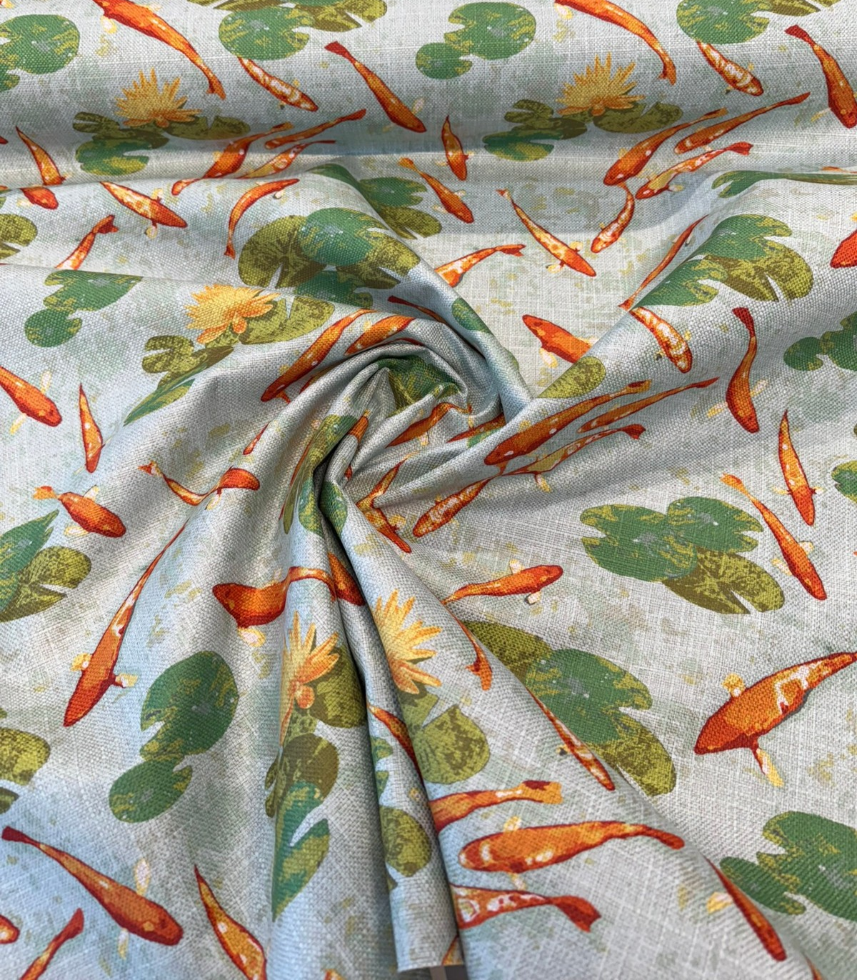 Koi Fish Pond Regal Linen Style Polyester Fabric - Koi Fish Pond Print, Linen Look, 14" Repeat, 40,000 Double Rubs (1 Yard)