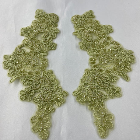 1 Pair 9" x 3" Each Side Beaded & Corded Floral Lace Applique Organza