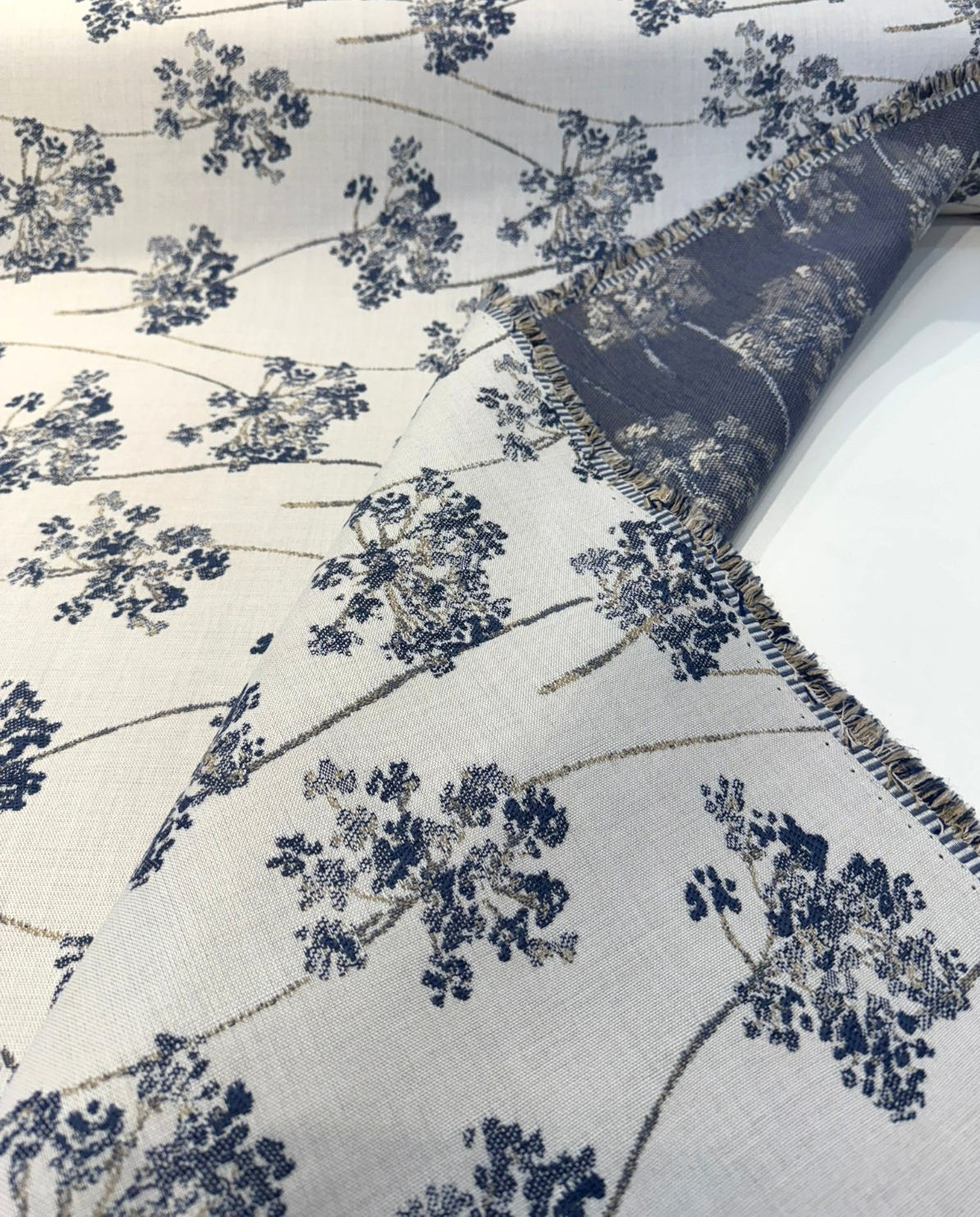 Sunbrella Stem Denim Solution-Dyed Acrylic Fabric - Navy Blue Floral Stems, 54" Width (1 Yard)