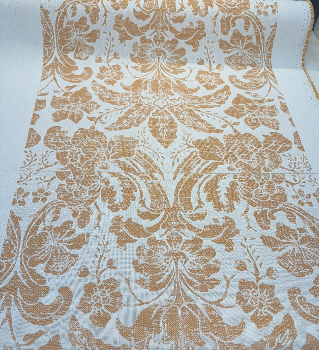 Sunbrella Eleanor Pillow Apricot Sunbrella Acrylic Fabric - Apricot/Soft Gold On White Floral Damask, 56" Width (1 Yard)