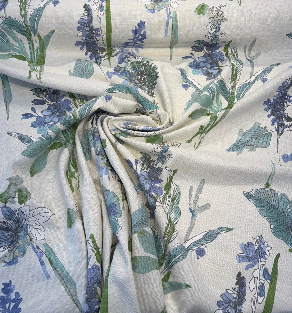 Free Hand Floral Atmosphere Printed Linen Blend Fabric - Spa Blue, Lime, Mint, Gray, Off White Floral Botanical Watercolor, 55" Width (1 Yard)
