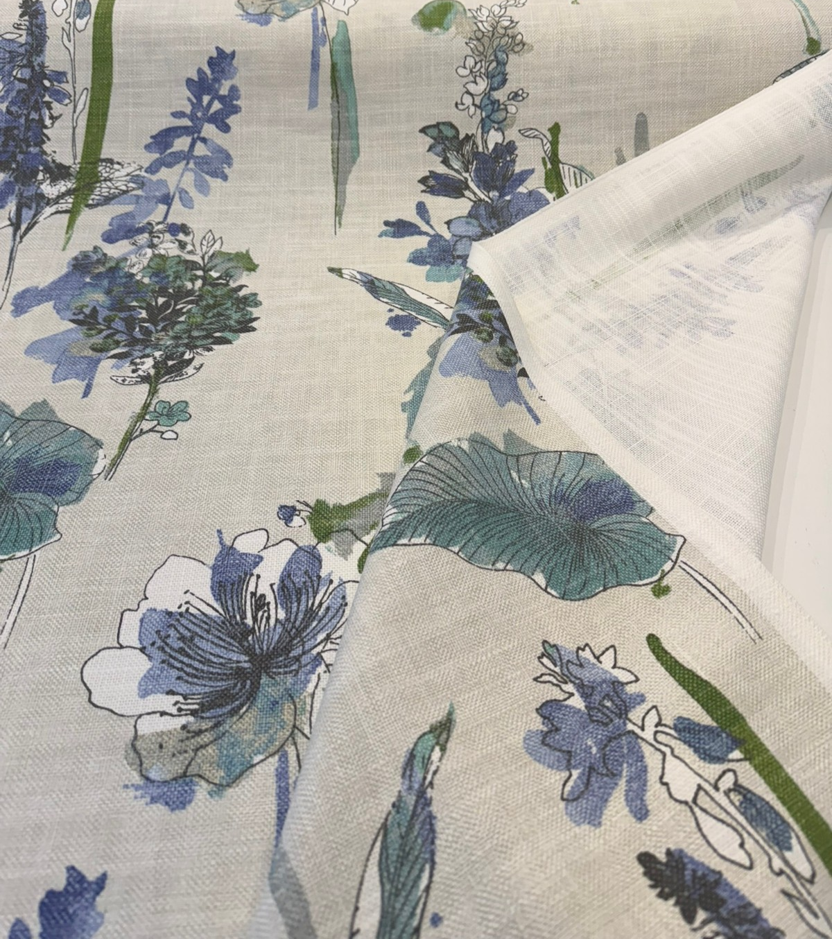 Free Hand Floral Atmosphere Printed Linen Blend Fabric - Spa Blue, Lime, Mint, Gray, Off White Floral Botanical Watercolor, 55" Width (1 Yard)