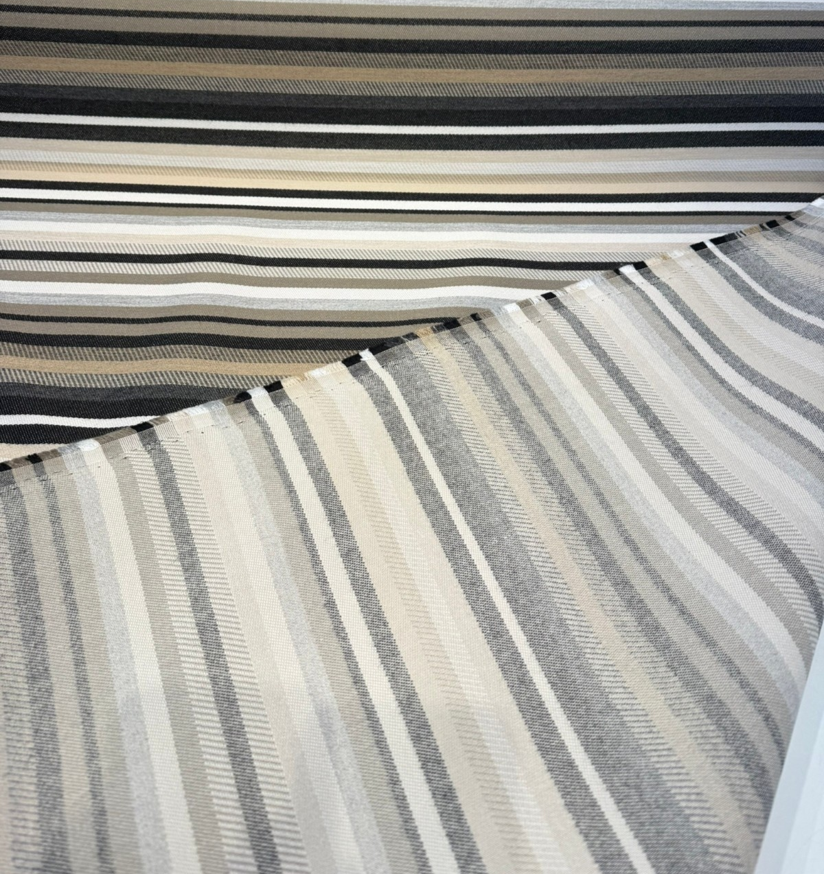 Barbados Smoke Solution-Dyed Sunbrella Acrylic Fabric - Smoke Gray, Black, Taupe, Ivory Vertical Stripe, 54" Width (1 Yard)