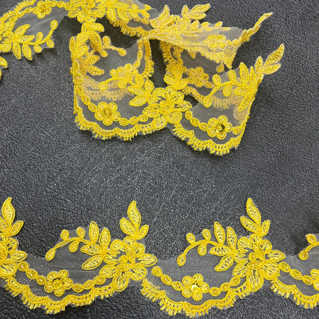 1 Yard Beaded & Corded Embroidered Lace Trim 3" Wide 100% Polyester for Dresses & Costumes