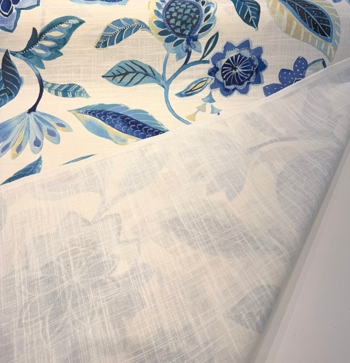 Light Of Day Blue Larkspur Cotton Linen Fabric - Jacobean Floral, Sky Blue/Deep Sea Blue/Navy, 54" Width (1 Yard)