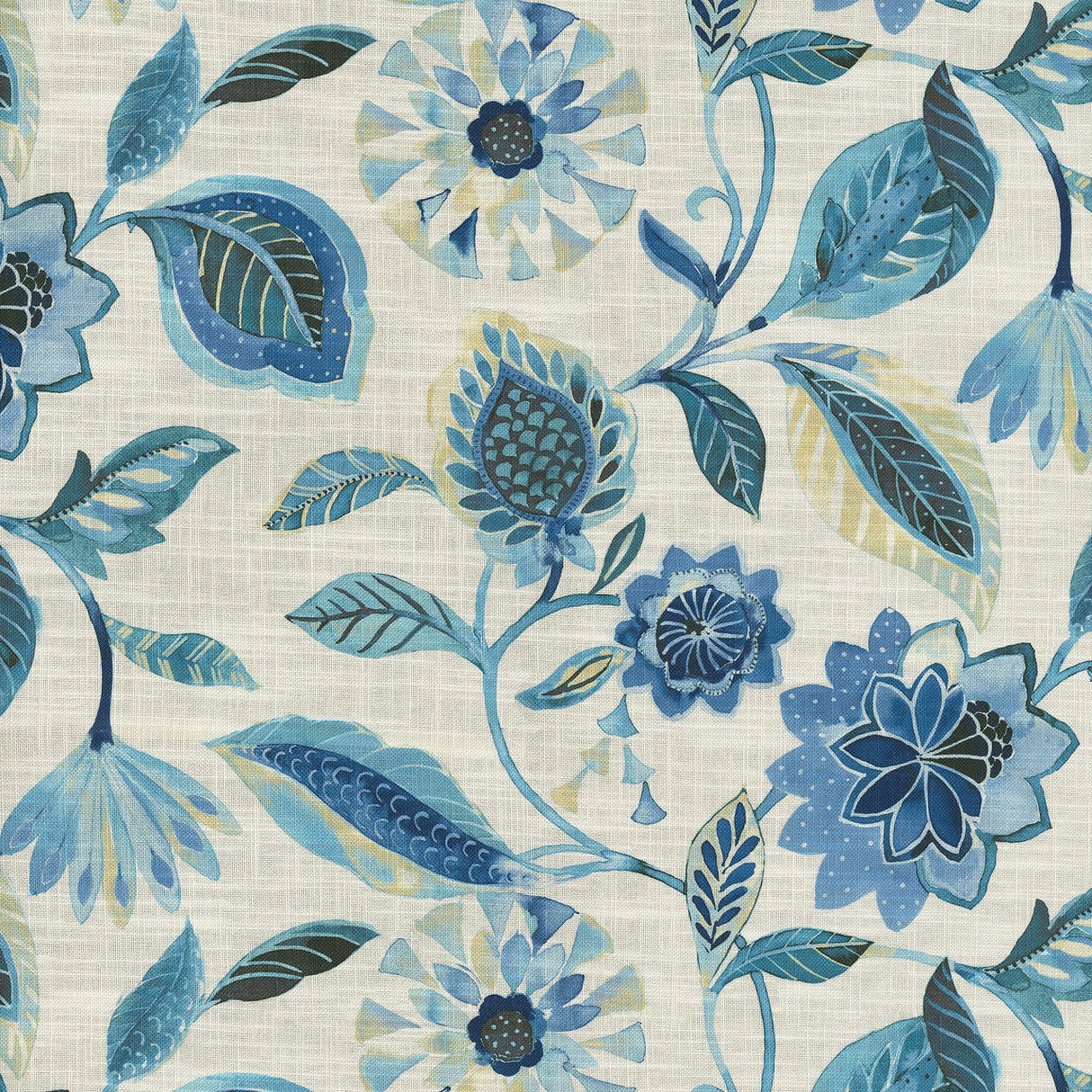 Light Of Day Blue Larkspur Cotton Linen Fabric - Jacobean Floral, Sky Blue/Deep Sea Blue/Navy, 54" Width (1 Yard)