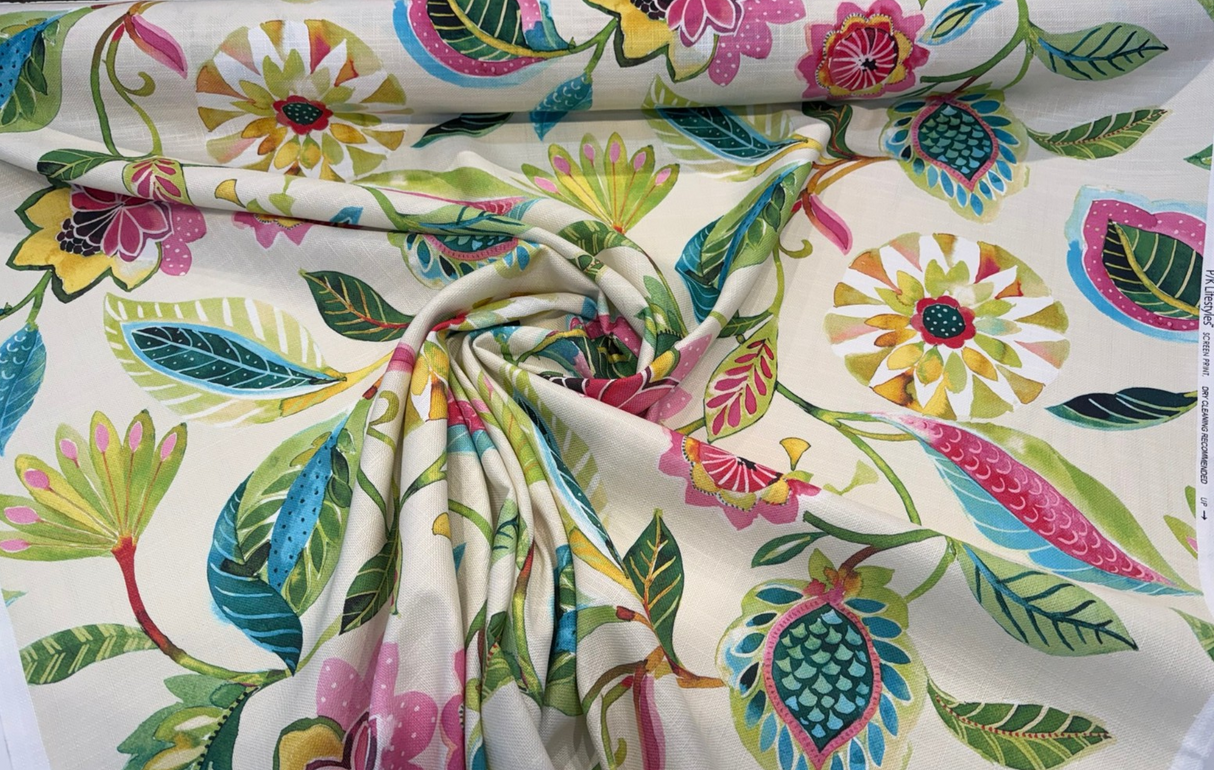 Light Of Day Apple Blossom Printed Linen Blend Fabric - Jacobean Floral And Vine, Rose, Golden Yellow, Fern Green, Spa Blue, 54" Width (1 Yard)