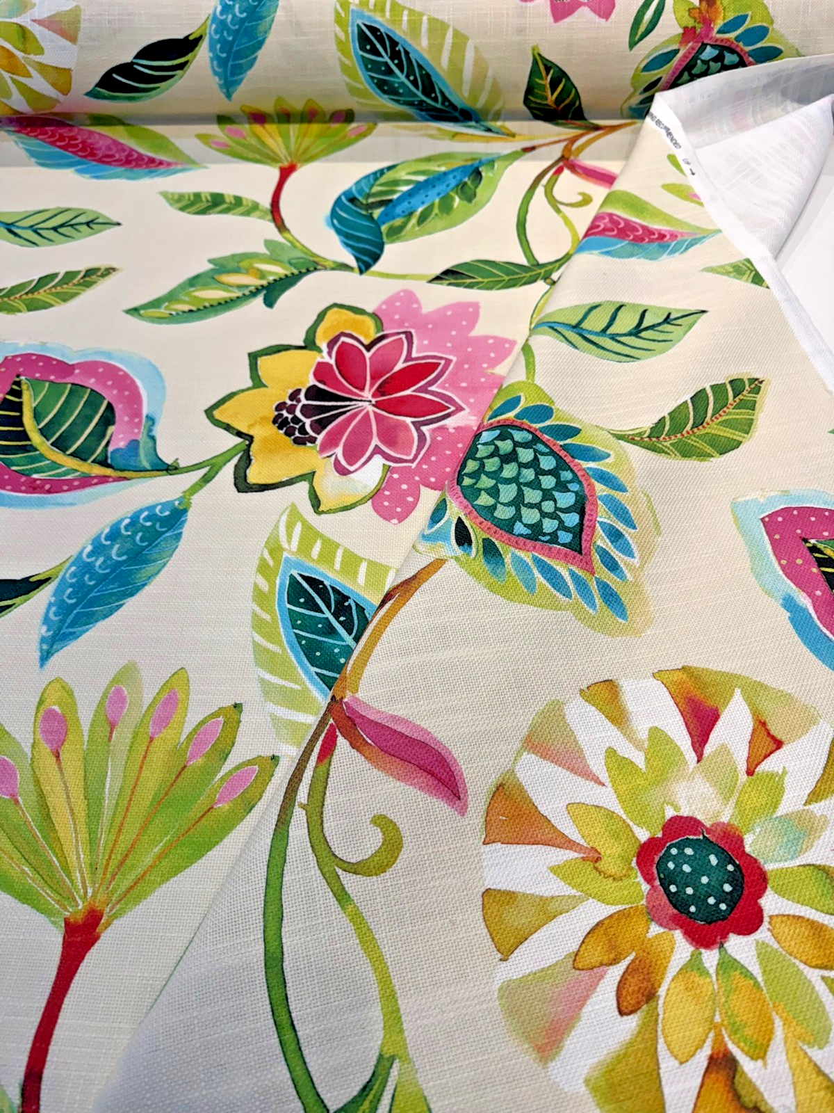 Light Of Day Apple Blossom Printed Linen Blend Fabric - Jacobean Floral And Vine, Rose, Golden Yellow, Fern Green, Spa Blue, 54" Width (1 Yard)