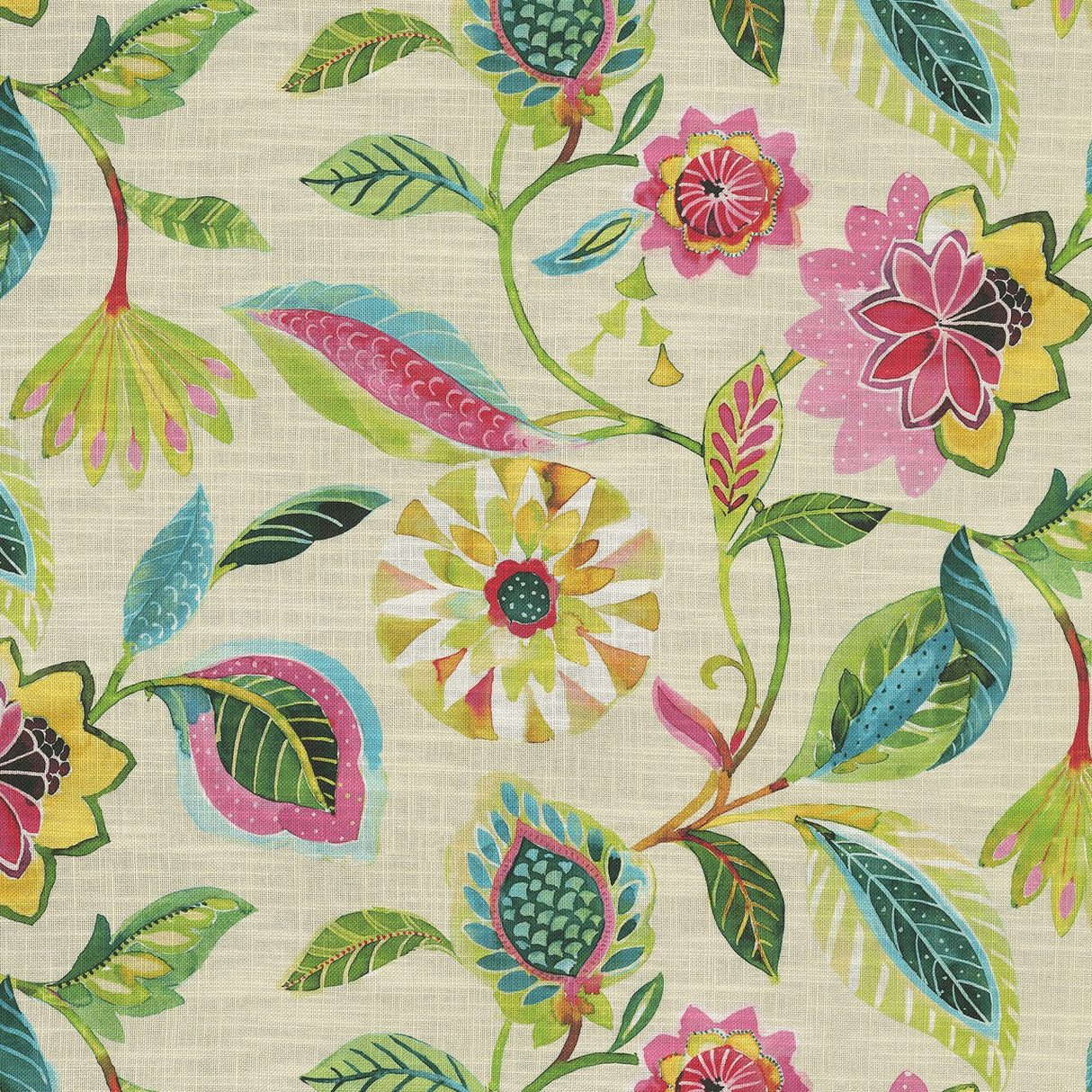 Light Of Day Apple Blossom Printed Linen Blend Fabric - Jacobean Floral And Vine, Rose, Golden Yellow, Fern Green, Spa Blue, 54" Width (1 Yard)