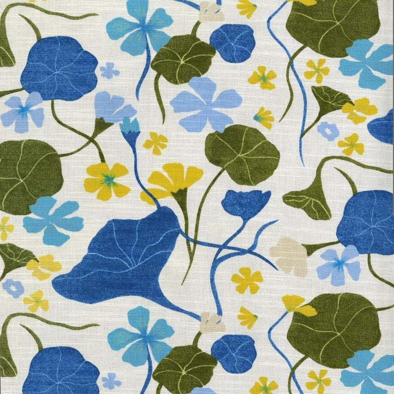 Nasturtiums Blueberry Cotton Fabric - Botanical Floral Print, Eggshell Background, 54" Width (1 Yard)