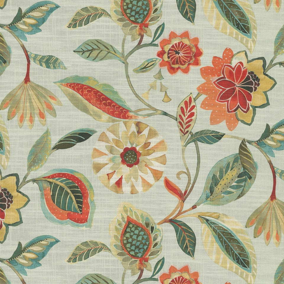 Light Of Day Melba Linen Blend Fabric - Floral Jacobean Print, Misty Green Background, 54" Width (1 Yard)