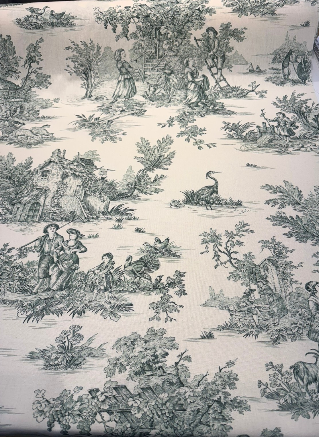 Green Pastoral Toile Cotton Bashette Fabric - Pastoral Toile, Green/Cream, 55" Width (1 Yard)
