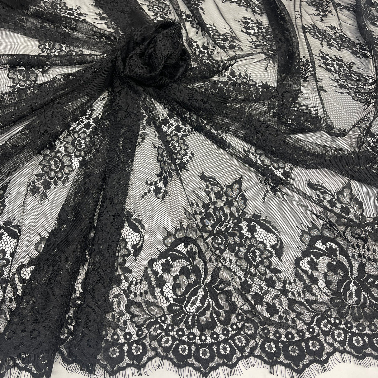 1 Yard Chantilly Embroidered Lace Fabric with Eyelash Scallop, 58" Wide French Alençon Lace for Bridal & Evening Wear