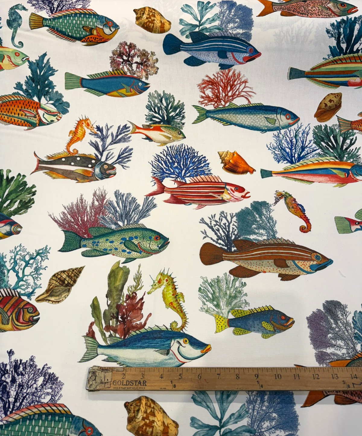 Capri Reef Fish Cotton Fabric - Coastal Digital Print, Coral Ocean Blue Turquoise Golden Yellow Sunset Orange, 23" Horizontal Repeat, 27" Vertical Repeat (By The Yard)