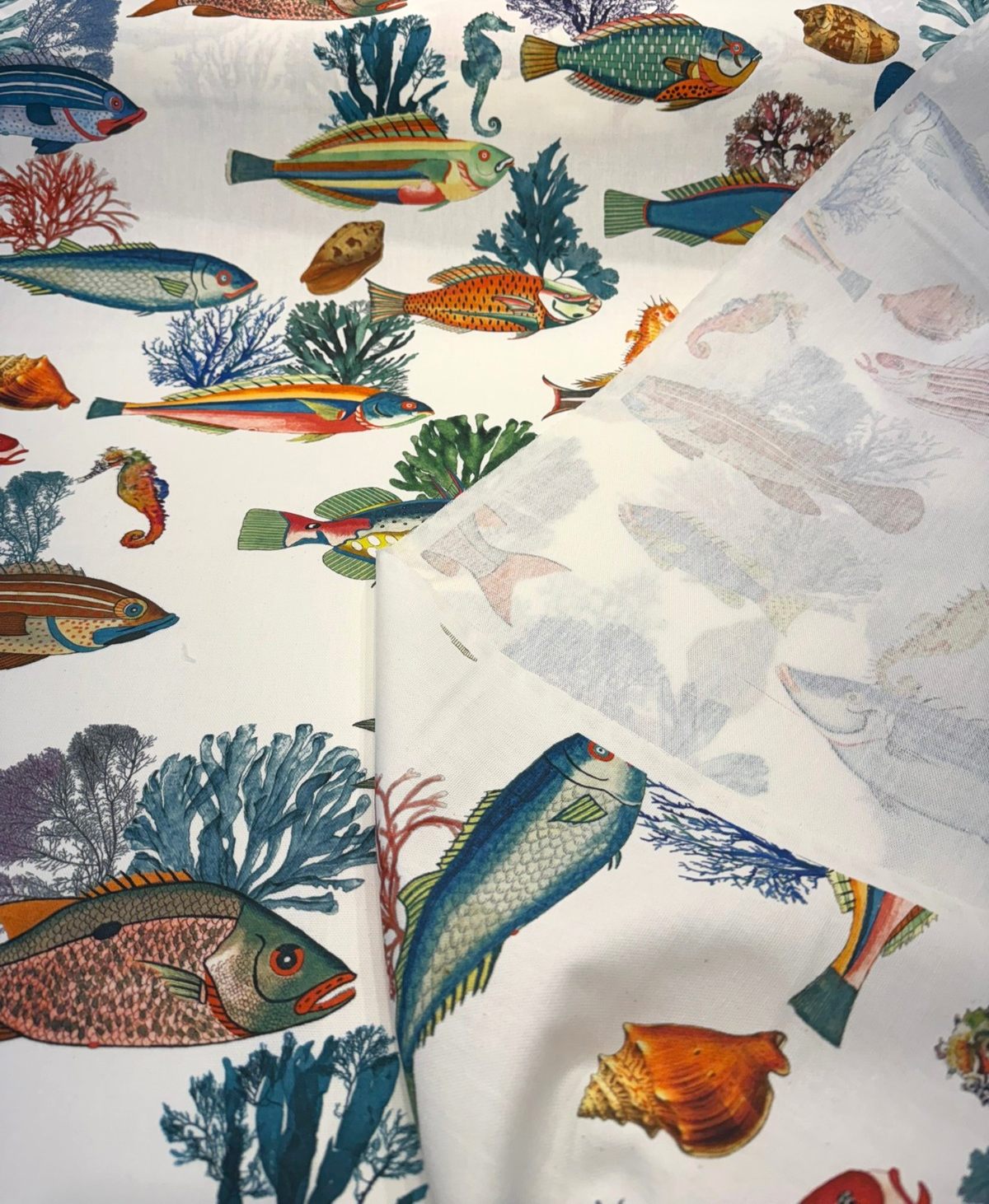 Capri Reef Fish Cotton Fabric - Coastal Digital Print, Coral Ocean Blue Turquoise Golden Yellow Sunset Orange, 23" Horizontal Repeat, 27" Vertical Repeat (By The Yard)