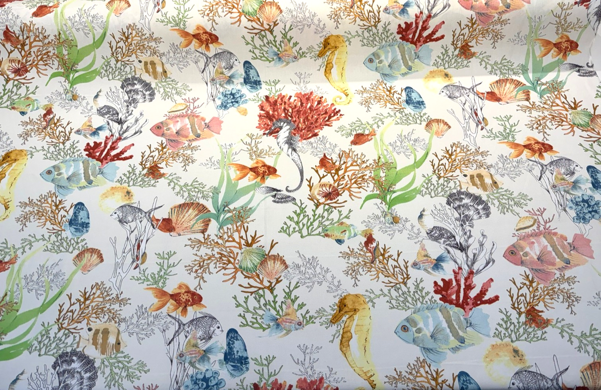 Seaworld Coral Reef Multi Cotton Fabric - Off-White, Fish And Seahorse Coral Reef Print, 23" Horizontal Repeat (1 Yard)