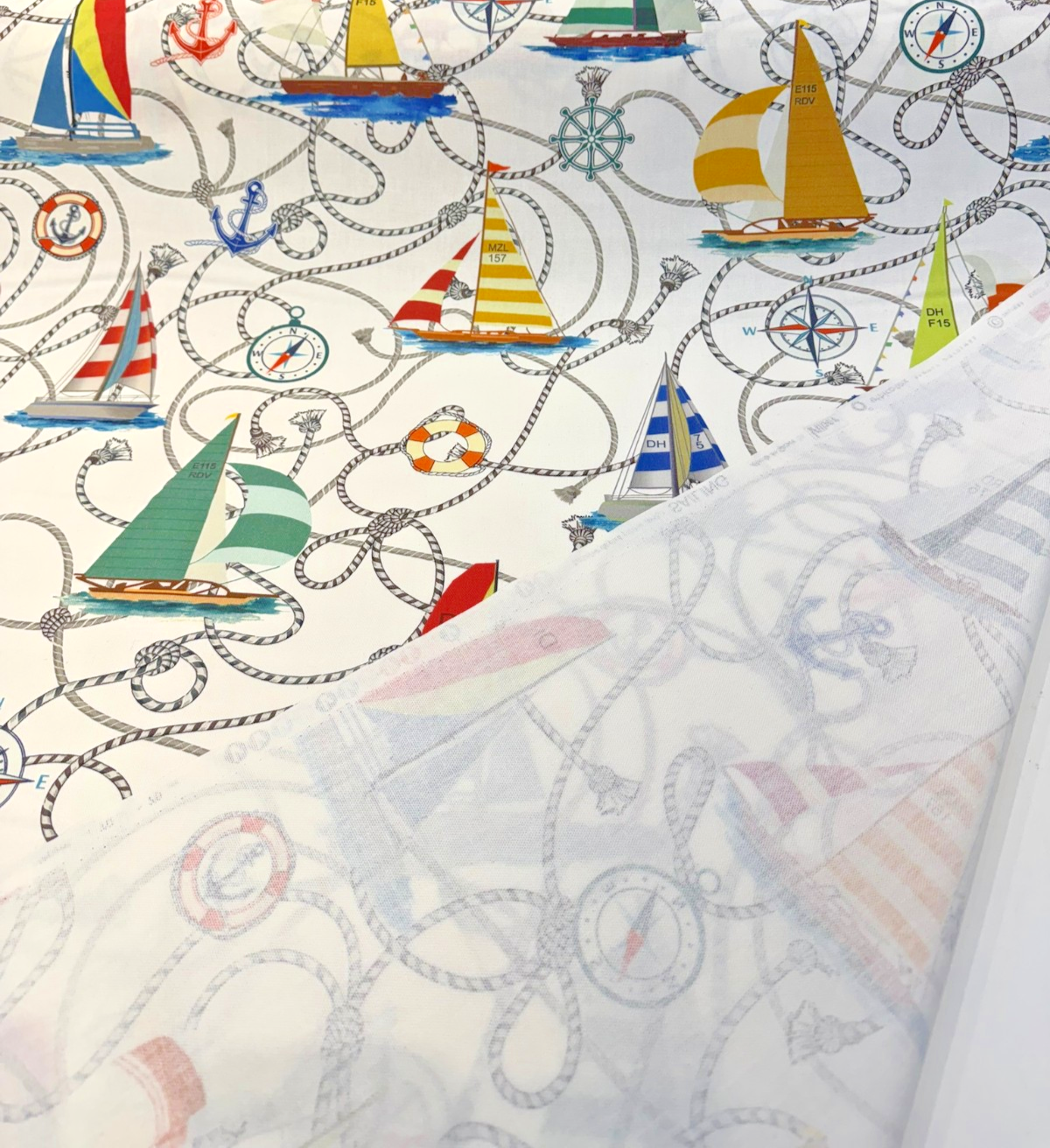 Nautical Sailing Sailboats & Rope Cotton Fabric - Coastal Drapery Upholstery, Multi Color Nautical Print, 27.5" Horizontal Repeat, 26" Vertical Repeat (1 Yard)