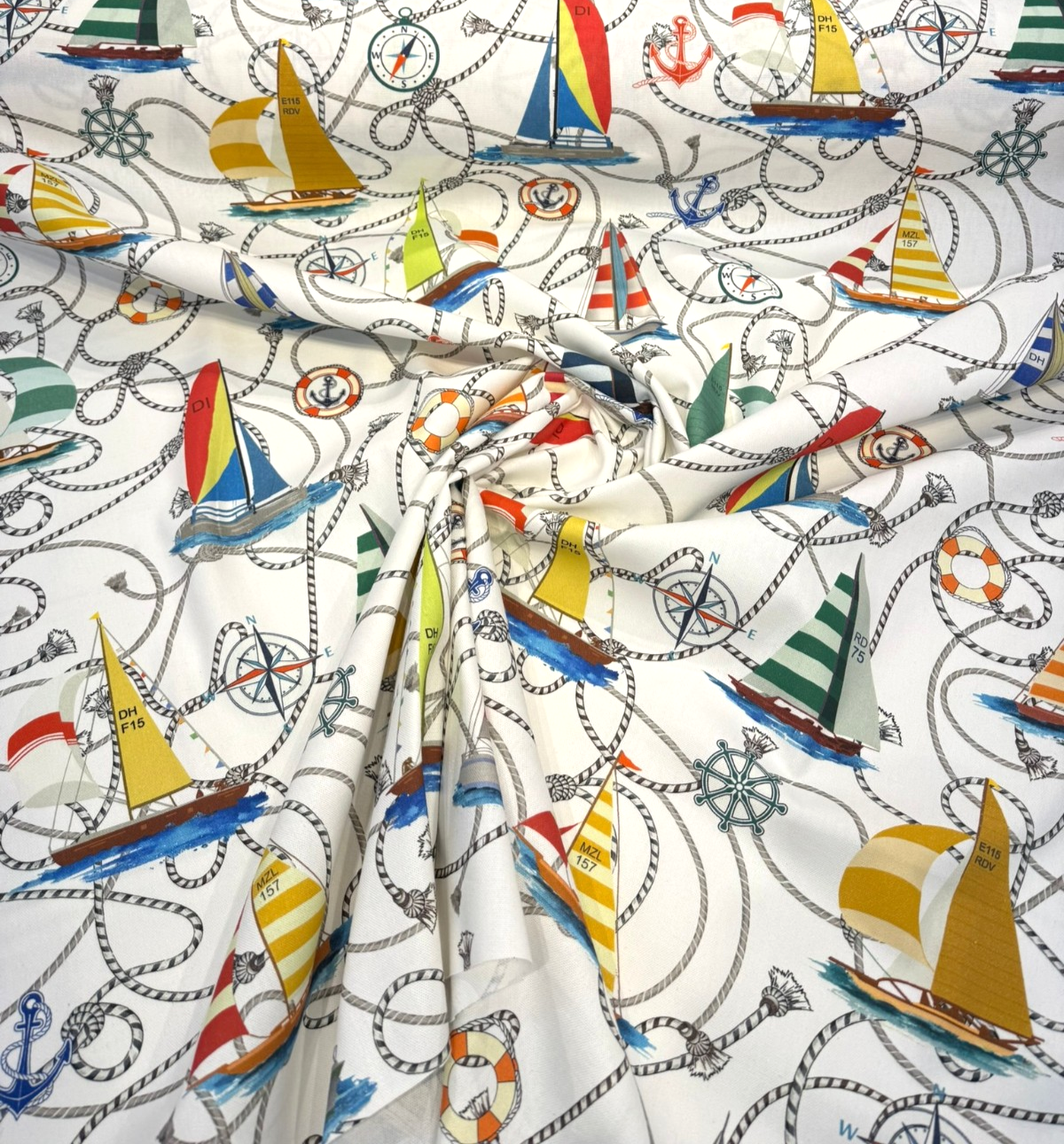 Nautical Sailing Sailboats & Rope Cotton Fabric - Coastal Drapery Upholstery, Multi Color Nautical Print, 27.5" Horizontal Repeat, 26" Vertical Repeat (1 Yard)