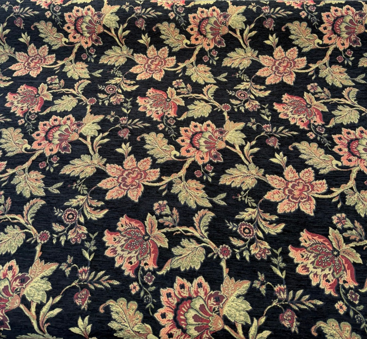 Naomi Chenille Fabric - Black Burgundy Gold Floral, 56" Width (By The Yard)