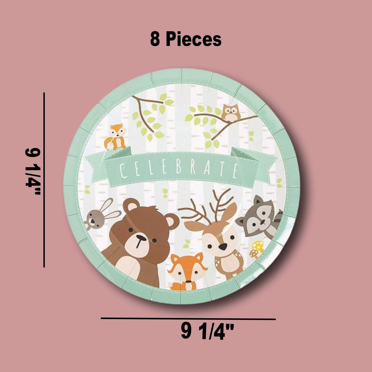 8 Count Woodland Animal Paper Dinner Plates for Birthday Baby Shower Party 9 1/4 Inch