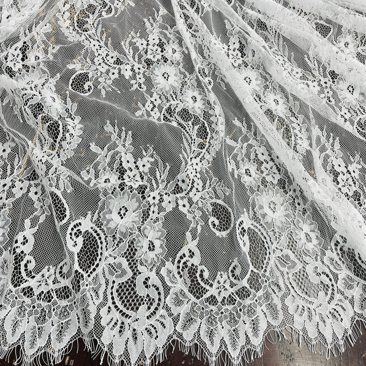 1 Yard Chantilly Embroidered Lace Fabric with Eyelash Scallop, 58" Wide French Alençon Bridal & Evening Lace