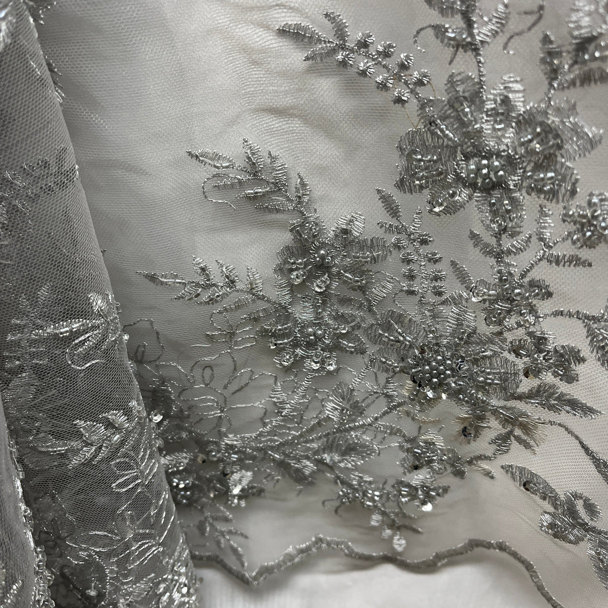 Beaded Floral Lace Fabric on Polyester Net Mesh