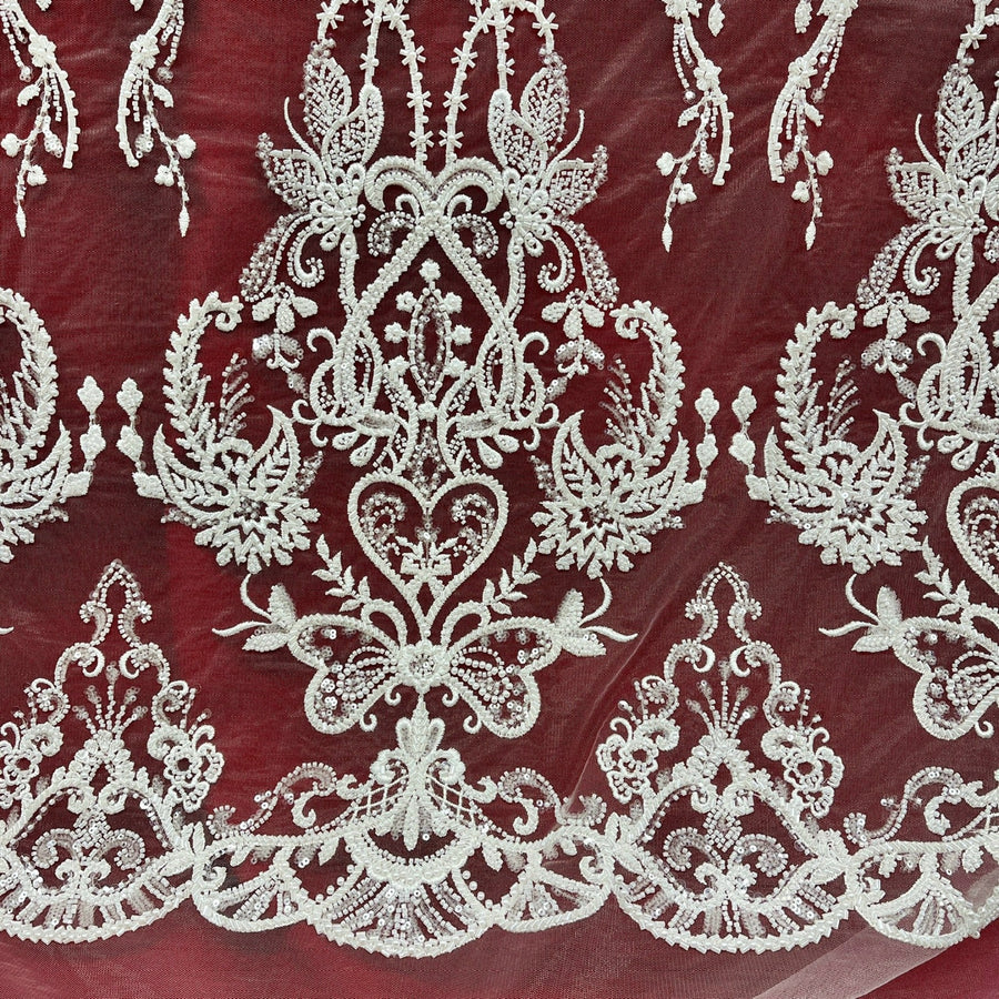 1 Yard Elegant Beaded Lace Fabric Embroidered on Polyester Net Mesh