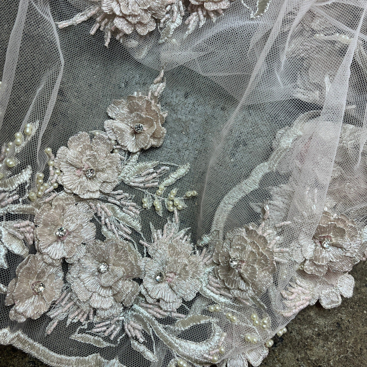 Beaded 3D Floral Lace Fabric Lt. Blush with Silver 54"