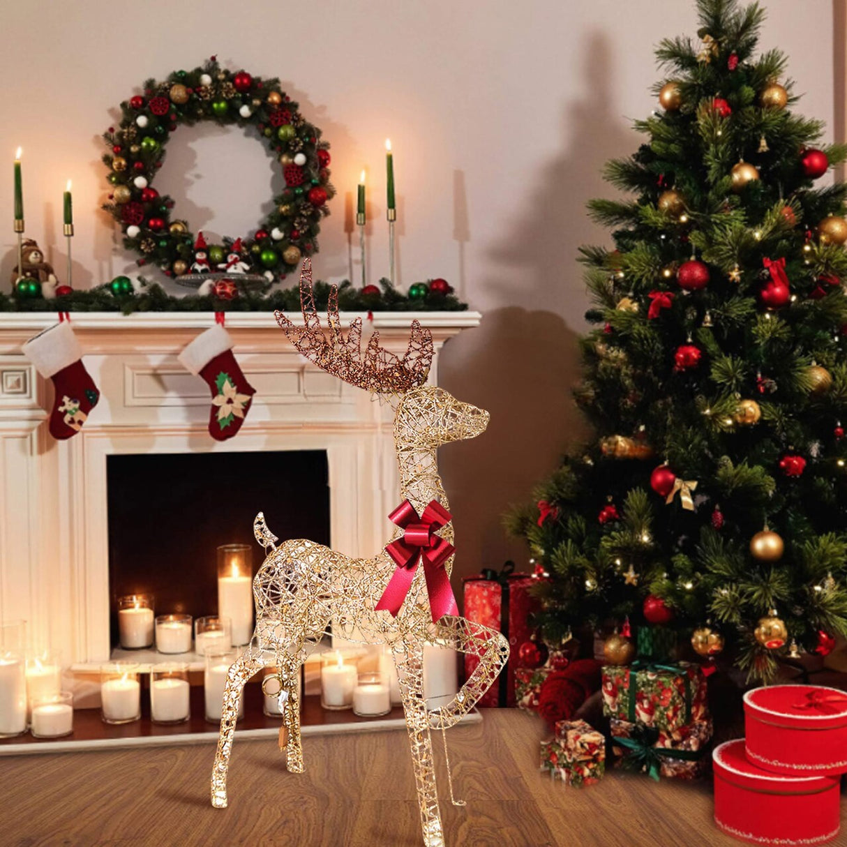 Holiday LED Brown Reindeer with Sleigh, Warm White Twinkling Christmas Lights