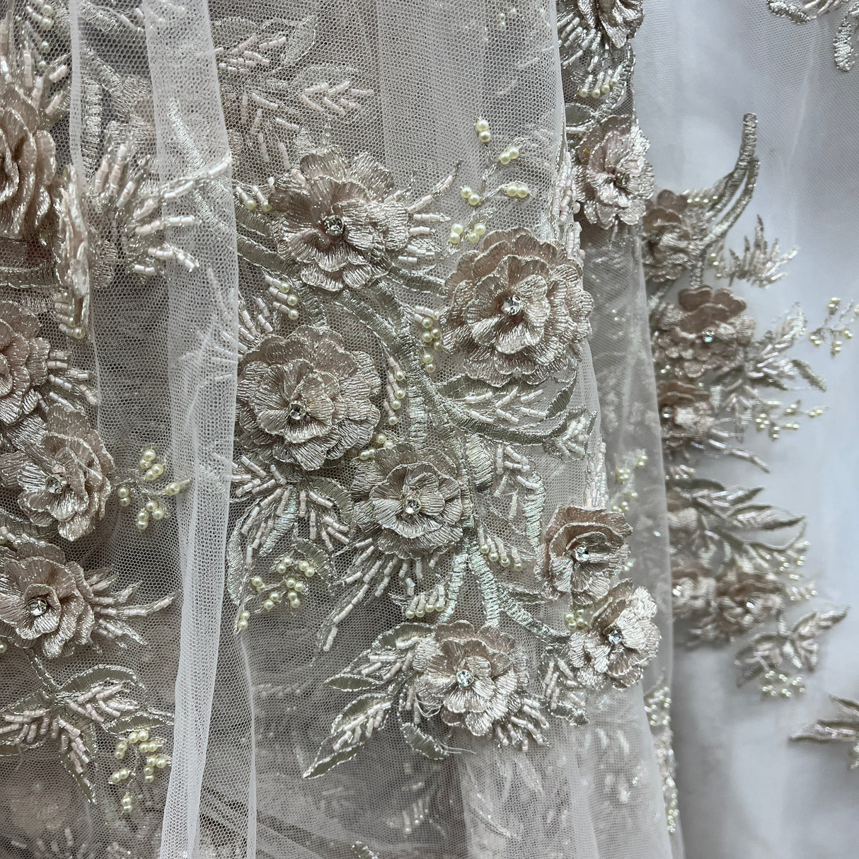 Beaded 3D Floral Lace Fabric Lt. Blush with Silver 54"