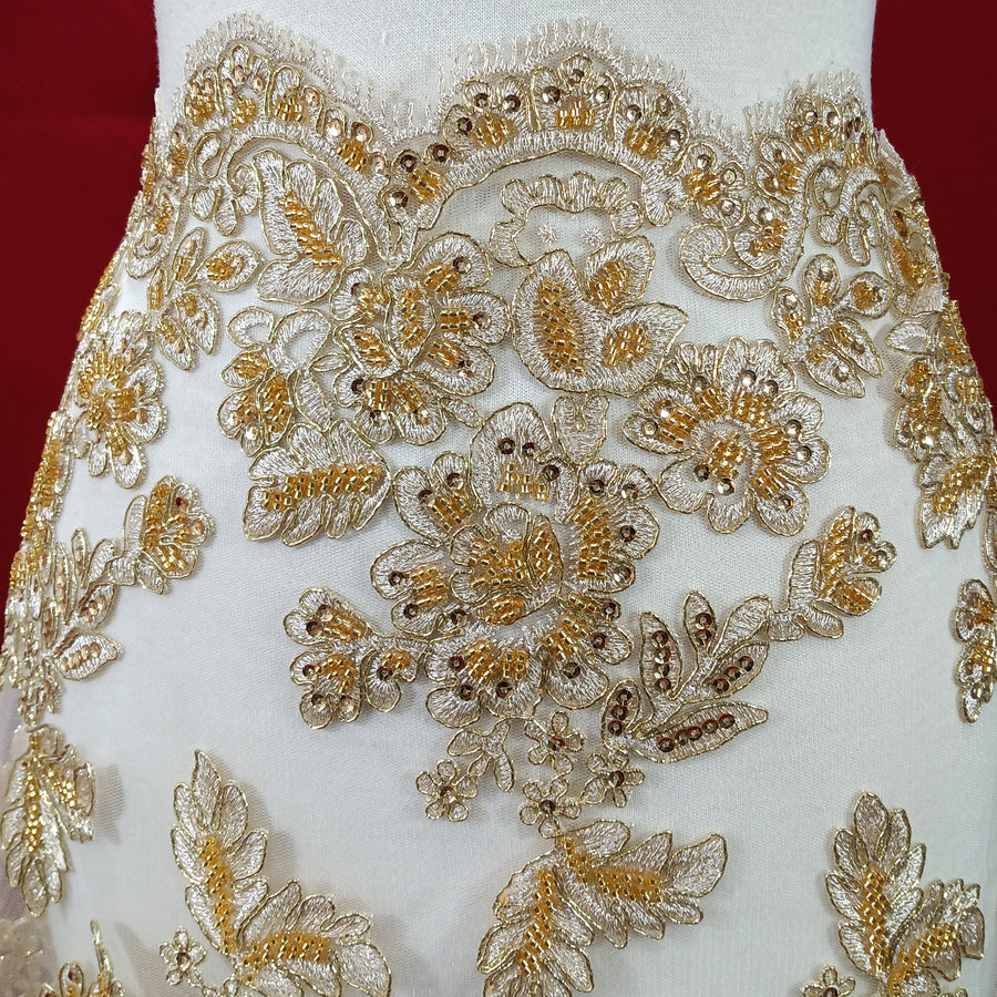 1 Yard Ivory Beaded and Corded Bridal Lace Fabric Embroidered on Polyester Net Mesh 51 Inch Width