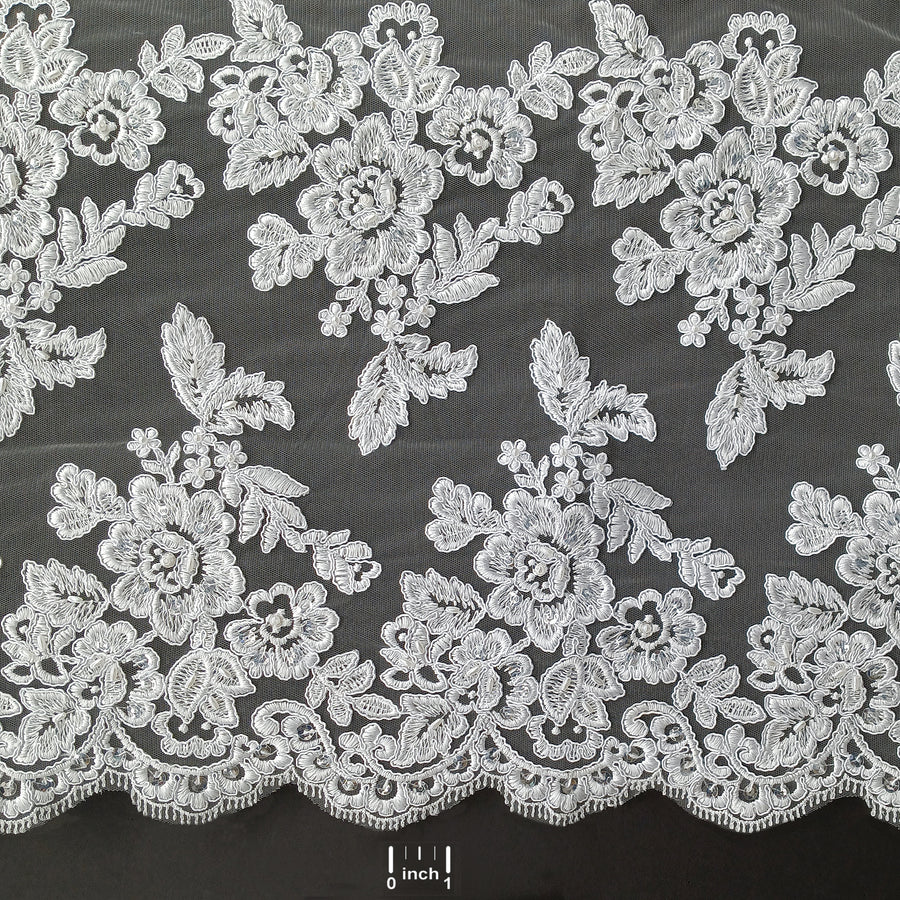 1 Yard Beaded and Corded Bridal Lace Fabric Embroidered on Polyester Net Mesh