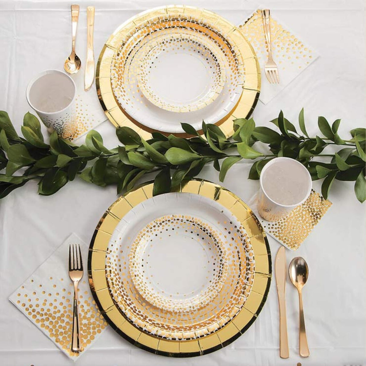 8 Ct. White with Gold Foil Dots Paper Dessert Plates Elegant Wedding Party Tableware 7"