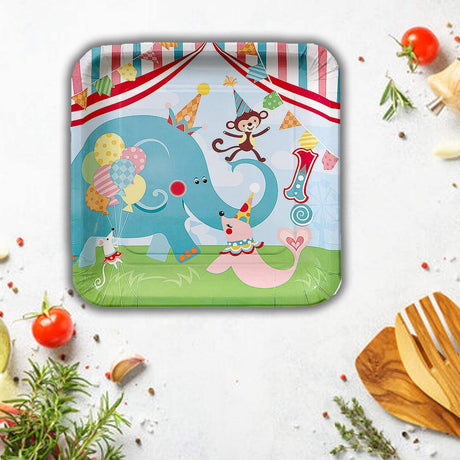 8 Ct.1st Birthday Circus Party Paper Dinner Plates Colorful Animal-Themed Tableware