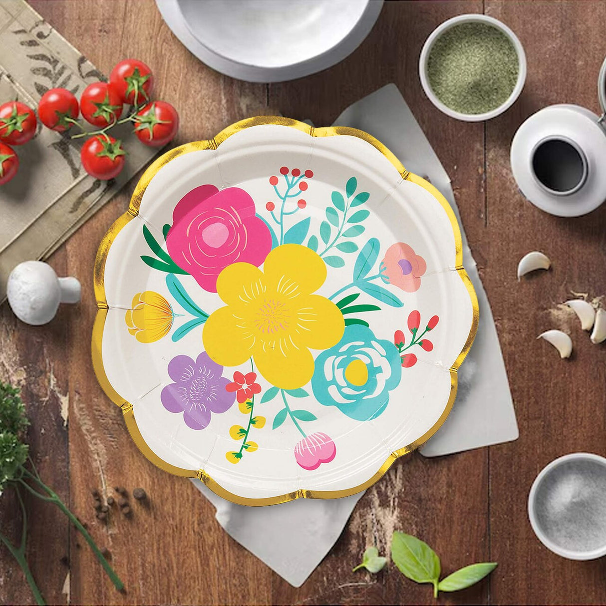 8 Ct. Fiesta Floral Bright Scalloped Paper Dessert Plates Vibrant 7" Party Tableware