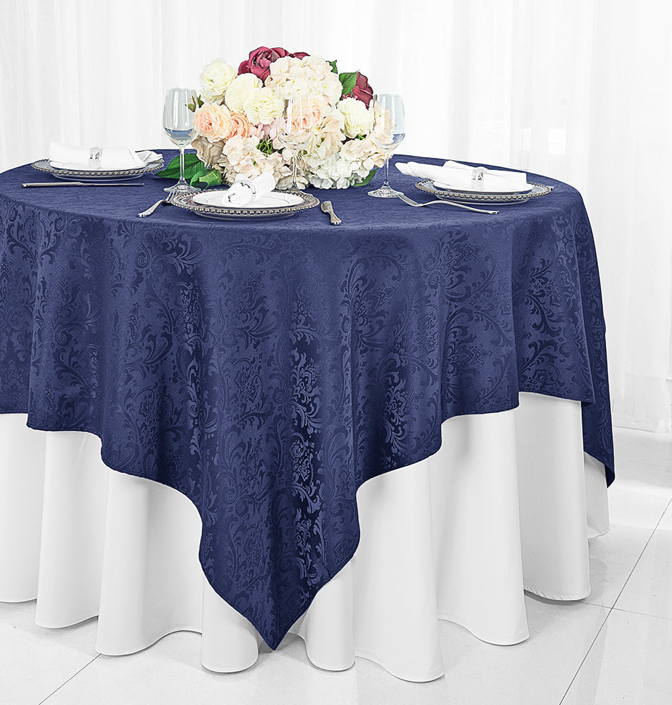 Square Damask Jacquard Polyester Table Overlay 72x72 Navy Blue