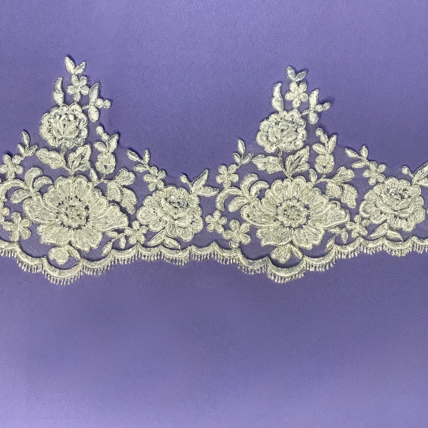 1 Yard Embroidered on 100% Polyester Net Mesh 6″ Wide Beaded & Corded Floral Lace Trimming