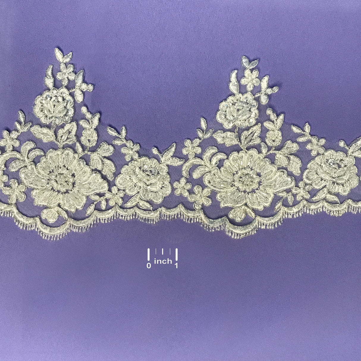 1 Yard Embroidered on 100% Polyester Net Mesh 6″ Wide Beaded & Corded Floral Lace Trimming