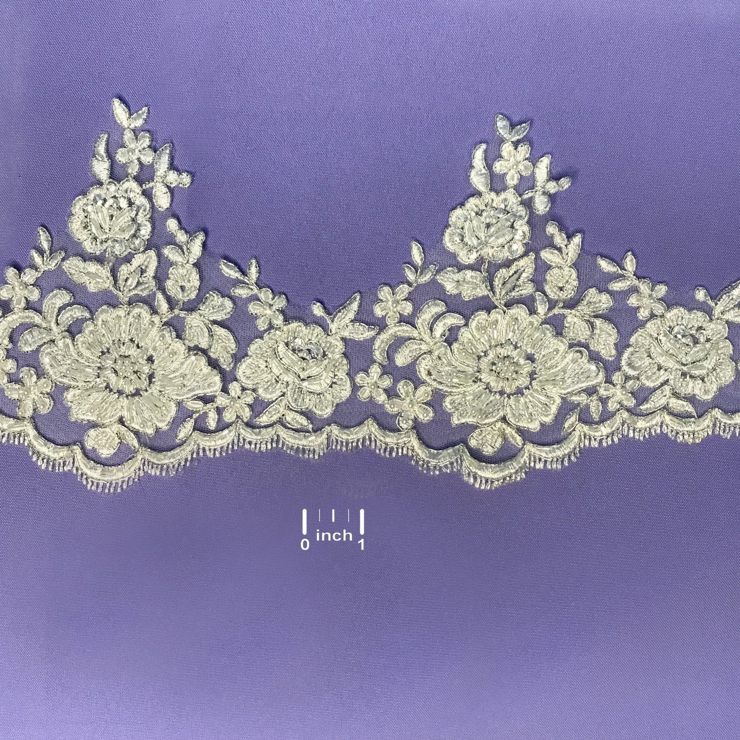 1 Yard Embroidered on 100% Polyester Net Mesh 6″ Wide Beaded & Corded Floral Lace Trimming