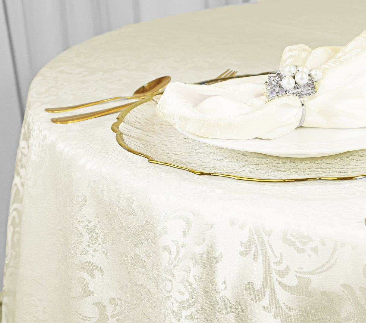 Round Polyester Tablecloth 120" Floral Damask Ivory