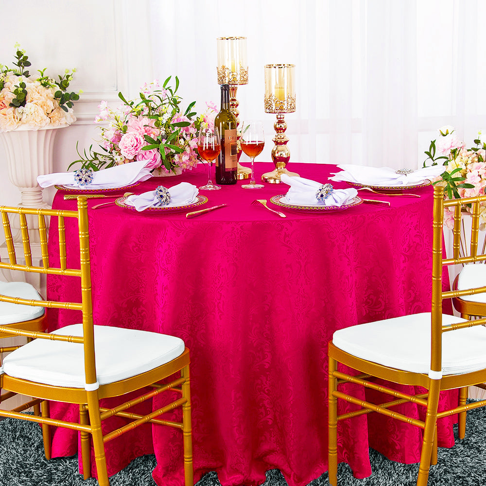 Round Jacquard Damask Polyester Tablecloth 132" Fuchsia