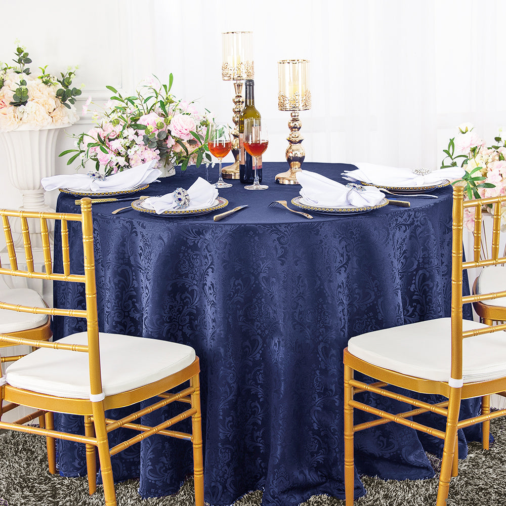 Round Polyester Tablecloth 108" Floral Damask Jacquard Navy Blue