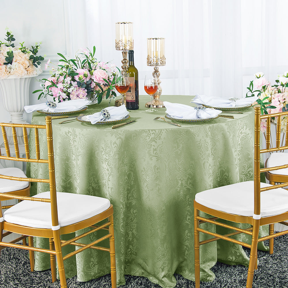 Round Polyester Tablecloth 120" Seamless Floral Damask Jacquard Sage Green