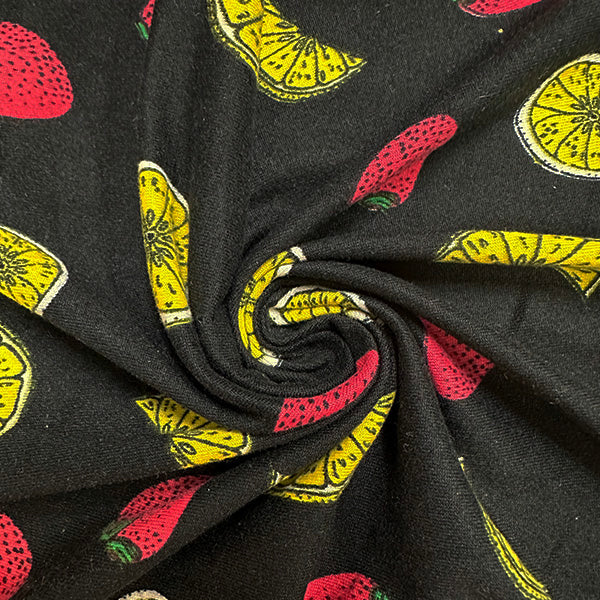 1 Yard Black Fruit Lemon Strawberry Print Double Brushed Jersey Knit Fabric Soft Lightweight Stretch 60 Inches Width