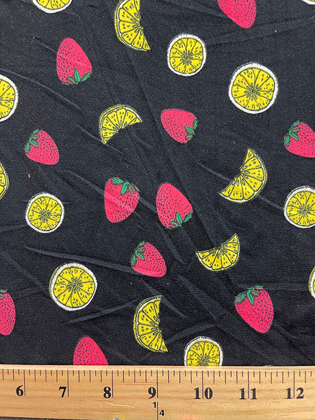 1 Yard Black Fruit Lemon Strawberry Print Double Brushed Jersey Knit Fabric Soft Lightweight Stretch 60 Inches Width