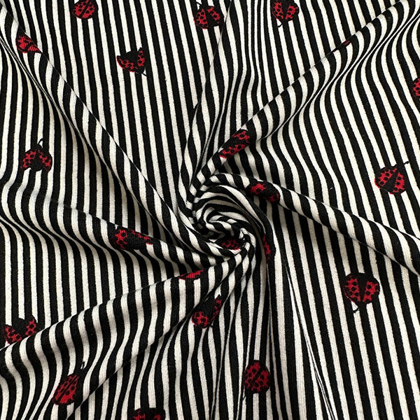 1 Yard Black Stripe Ladybug Print Double Brushed Jersey Knit Fabric Stretch 58 Inches Wide